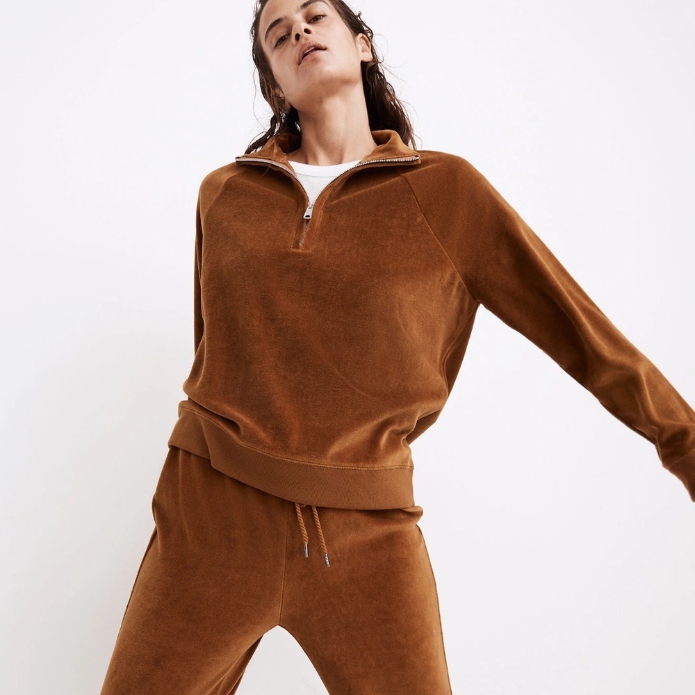 Madewell MWL Velour Half-Zip Sweatshirt Long Sleeves Relaxed Cedar Brown Size M